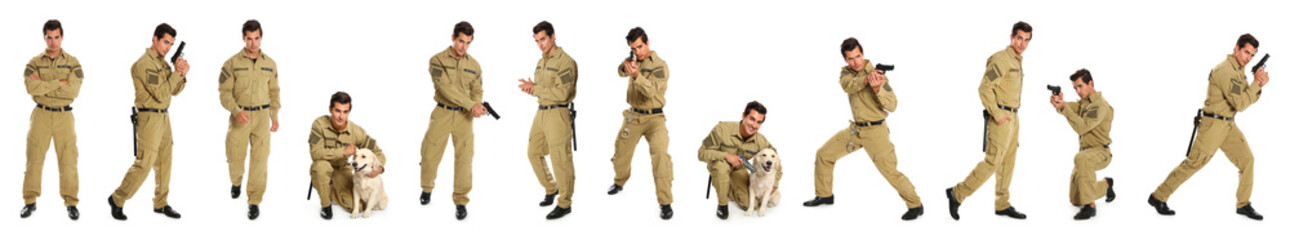 Wall Mural - Collage of male security guard on white background