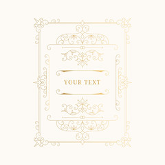 Vector golden frame with ornate borders. Design for wedding, menu, alcohol label. Gold foil isolated illustration.