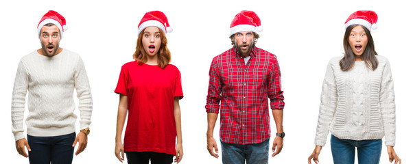 Poster - Collage of group of people wearing christmas hat over isolated background afraid and shocked with surprise expression, fear and excited face.