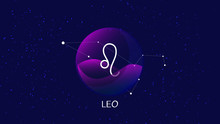 Leo Sign, Zodiac Background. Beautiful And Simple Illustration Of Night, Starry Sky With Leo Zodiac Constellation Behind Glass Sphere With Encapsulated Leo Sign And Constellation Name. 