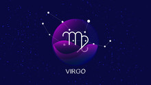 Virgo Sign, Zodiac Background. Beautiful And Simple Illustration Of Night, Starry Sky With Virgo Zodiac Constellation Behind Glass Sphere With Encapsulated Virgo Sign And Constellation Name. 