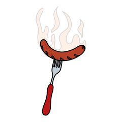 Sticker - grilled sausage with a fork on white background