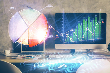 Multi exposure of graph and financial info and work space with computer background. Concept of international online trading.