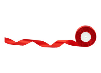untwisted coil of red satin ribbon isolated on a white background