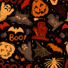 Abstract Seamless Halloween Pattern For Girls, Boys, Clothes. Creative Background With Dots, Scary Figures Funny Wallpaper For Textile And Fabric. Fashion Style. Colorful Bright