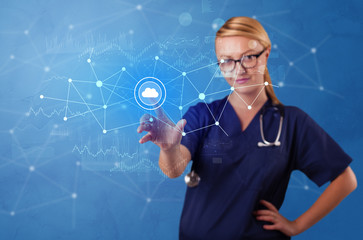 Wall Mural - Doctor touching blue screen with virtual hospital concept