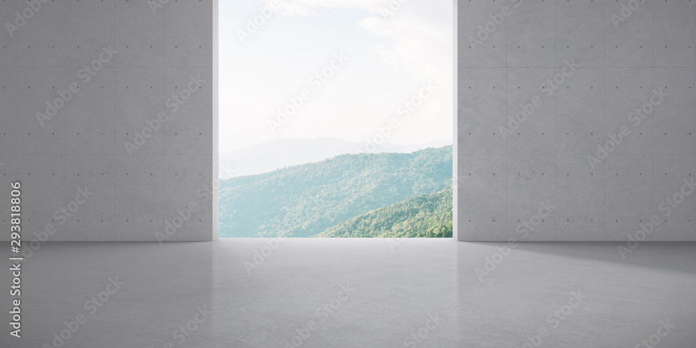 Abstract of concrete interior with sun light cast the shadow on the floor ,Geometric structure design,Museum space on mountains view background, Perspective of brutalism  architecture,3d rendering	 - obrazy, fototapety, plakaty 