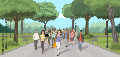 Group of people in the park. Nature landscape.