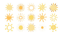 Set Of Yellow Suns In Hand Drawn Style Isolated On White Background. Cute Funny Simple Illustration For Kids. Sun Icons. Vector.