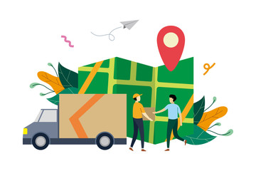 Online logistic delivery service, order tracking flat illustration with small people concept vector template, suitable for background, ui, ux, advertising illustration