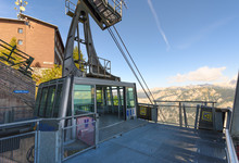 Vogel Cable Car That Lifts Visitors From Bohinj Lake To Vogel Ski Center In Julian Alps, Slovenia. Opened Door Aerial Tramway Cabin On Top Station