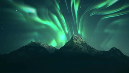 aurora borealis green northern lights mountains. landscape aurora background. starry night sky scene