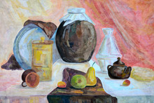 Old Picture Of The Artist. Pitcher, Dishes And Fruits On A Woven Tablecloth