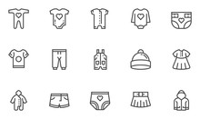 Baby Clothes Vector Line Icons Set. Bodysuit, Nappies, Underpants, Shorts, Dress. Editable Stroke. 48x48 Pixel Perfect.
