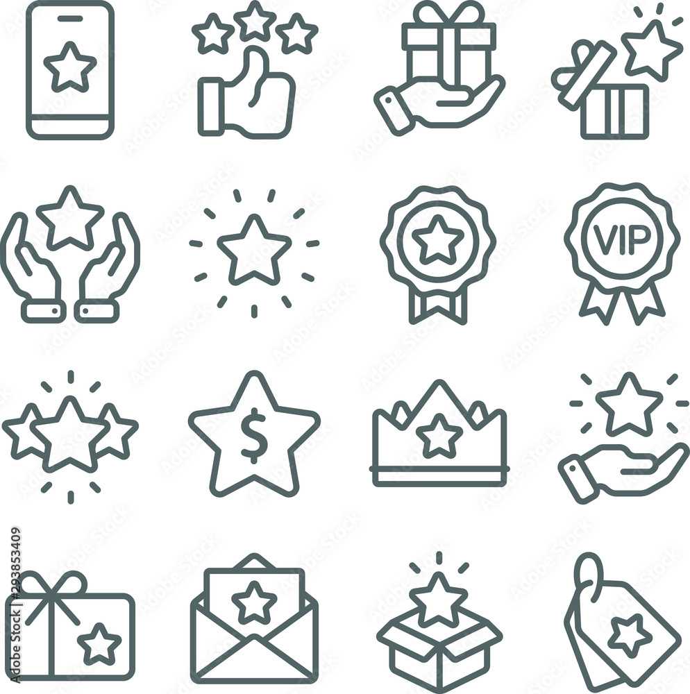 Loyalty Program icons set vector illustration. Contains such icon as VIP, Benefit, Voucher, Exclusive, Badge, Winner and more. Expanded Stroke - obrazy, fototapety, plakaty 