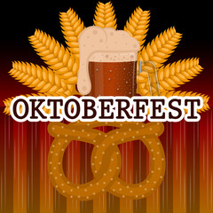 Wall Mural - Oktoberfest poster with a beer mug, pretzel and wheats - Vector illustration