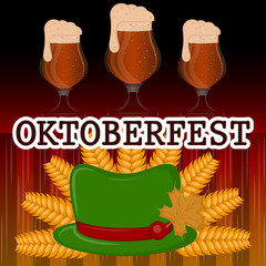 Wall Mural - Oktoberfest poster with a beer glasses, hat and wheats - Vector illustration