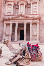 Tourist Exploring Jordanian Ancient City Petra