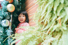 Asian Little Girl Playing With Christmas Tree Background