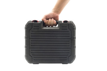 One hand lifted portable black plastic toolbox isolated on white background