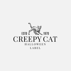 Wall Mural - Premium Quality Halloween Logo or Label Template. Hand Drawn Creepy Cat Sketch Symbol and Classy Retro Typography.
