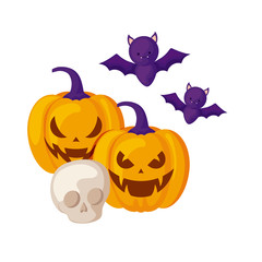 Canvas Print - halloween pumpkins with skull and bats flying