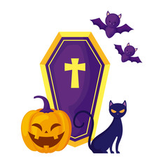 Sticker - pumpkin with coffin and icons halloween