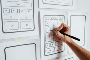 UX website design wireframe. Sketch, prototype, framework, layout future design project. UI/UX - user interface, user experience designer. Creative concept for web design studio. Website development