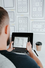 UX website design wireframe. Sketch, prototype, framework, layout future design project. UI/UX - user interface, user experience designer. Creative concept for web design studio. Website development