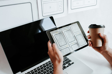 UX website design wireframe. Sketch, prototype, framework, layout future design project. UI/UX - user interface, user experience designer. Creative concept for web design studio. Website development