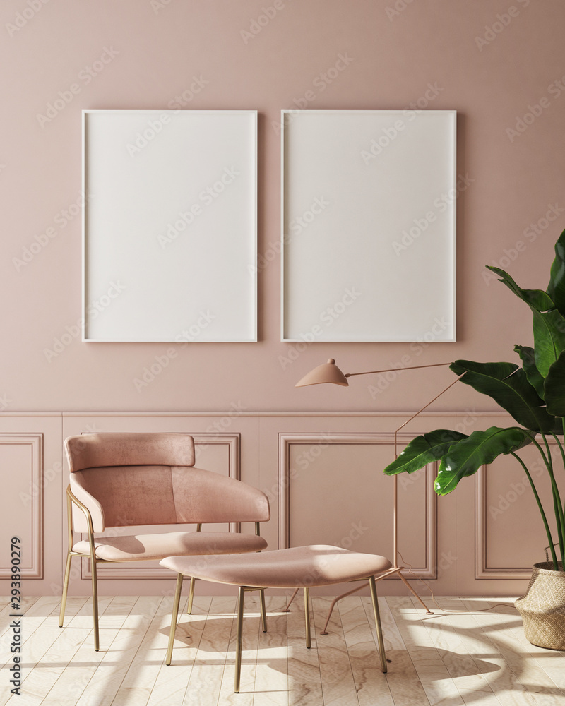 mock up poster frame in modern monochrome interior background, living room, Scandinavian style, 3D render, 3D illustration - obrazy, fototapety, plakaty 
