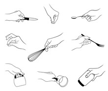 Vector Set Of Outline, Various Hand Actions And Gestures By Kitchen Theme, Isolated, In Black Color, On White Background.