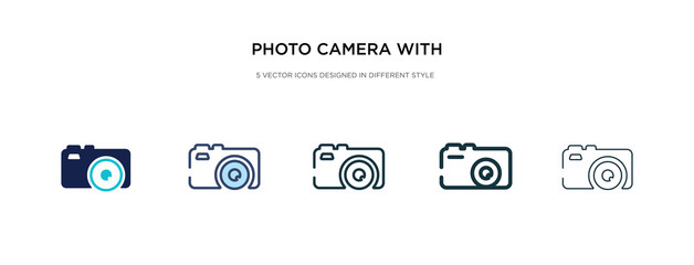 photo camera with flash icon in different style vector illustration. two colored and black photo camera with flash vector icons designed in filled, outline, line and stroke style can be used for