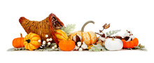 Thanksgiving Cornucopia Filled With Autumn Vegetables, Pumpkins And Fall Decor Isolated On A White Background