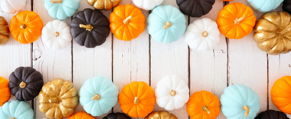 Fall double border banner of colorful pumpkins. Above view over a white wood background with copy space.