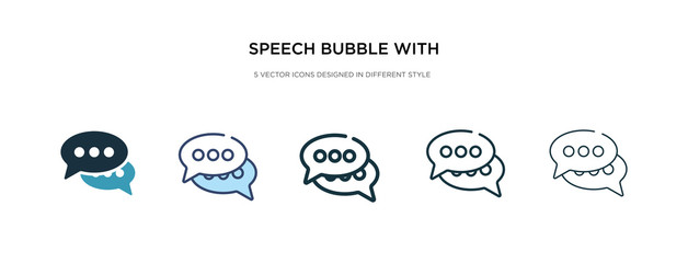 speech bubble with ellipsis icon in different style vector illustration. two colored and black speech bubble with ellipsis vector icons designed in filled, outline, line and stroke style can be used