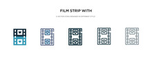 Film Strip With Heart Icon In Different Style Vector Illustration. Two Colored And Black Film Strip With Heart Vector Icons Designed In Filled, Outline, Line And Stroke Style Can Be Used For Web,