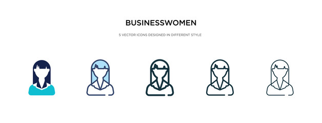 businesswomen icon in different style vector illustration. two colored and black businesswomen vector icons designed in filled, outline, line and stroke style can be used for web, mobile, ui