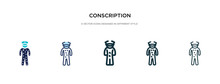 Conscription Icon In Different Style Vector Illustration. Two Colored And Black Conscription Vector Icons Designed In Filled, Outline, Line And Stroke Style Can Be Used For Web, Mobile, Ui