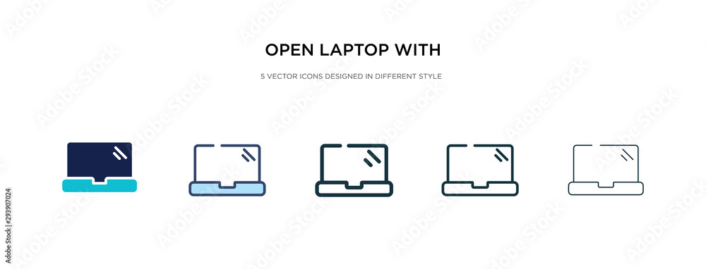 open laptop with shining screen icon in different style vector illustration. two colored and black open laptop with shining screen vector icons designed in filled, outline, line and stroke style can - obrazy, fototapety, plakaty 