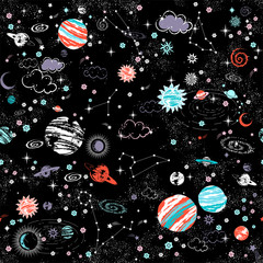 Space Galaxy constellation seamless pattern print could be used for textile, zodiac star yoga mat, phone case