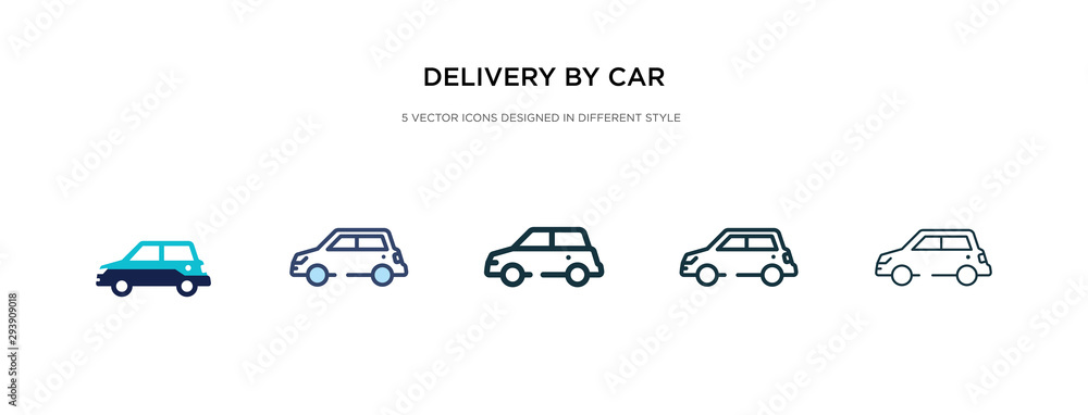 delivery by car icon in different style vector illustration. two colored and black delivery by car vector icons designed in filled, outline, line and stroke style can be used for web, mobile, ui - obrazy, fototapety, plakaty 