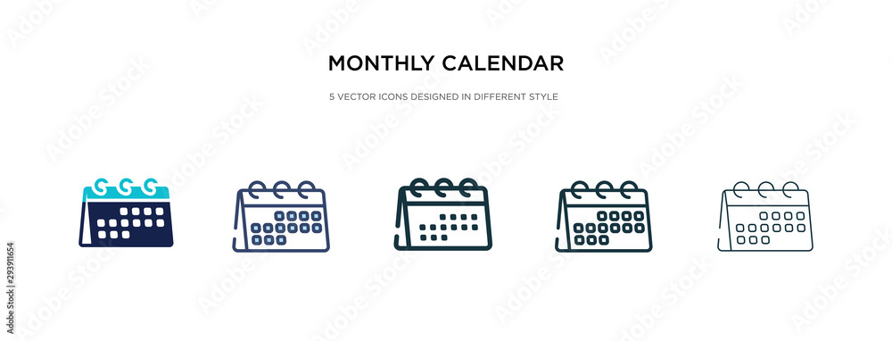 monthly calendar icon in different style vector illustration. two colored and black monthly calendar vector icons designed in filled, outline, line and stroke style can be used for web, mobile, ui - obrazy, fototapety, plakaty 