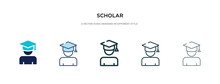 Scholar Icon In Different Style Vector Illustration. Two Colored And Black Scholar Vector Icons Designed In Filled, Outline, Line And Stroke Style Can Be Used For Web, Mobile, Ui