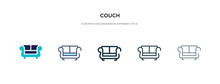 Couch Icon In Different Style Vector Illustration. Two Colored And Black Couch Vector Icons Designed In Filled, Outline, Line And Stroke Style Can Be Used For Web, Mobile, Ui