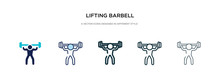 Lifting Barbell Icon In Different Style Vector Illustration. Two Colored And Black Lifting Barbell Vector Icons Designed In Filled, Outline, Line And Stroke Style Can Be Used For Web, Mobile, Ui
