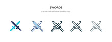 Swords Icon In Different Style Vector Illustration. Two Colored And Black Swords Vector Icons Designed In Filled, Outline, Line And Stroke Style Can Be Used For Web, Mobile, Ui