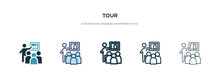 Tour Icon In Different Style Vector Illustration. Two Colored And Black Tour Vector Icons Designed In Filled, Outline, Line And Stroke Style Can Be Used For Web, Mobile, Ui
