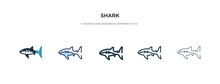 Shark Icon In Different Style Vector Illustration. Two Colored And Black Shark Vector Icons Designed In Filled, Outline, Line And Stroke Style Can Be Used For Web, Mobile, Ui