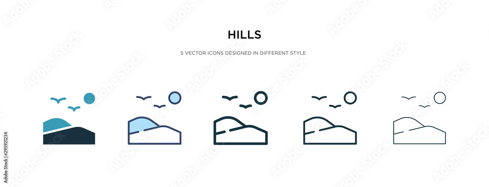hills icon in different style vector illustration. two colored and black hills vector icons designed in filled, outline, line and stroke style can be used for web, mobile, ui - obrazy, fototapety, plakaty 